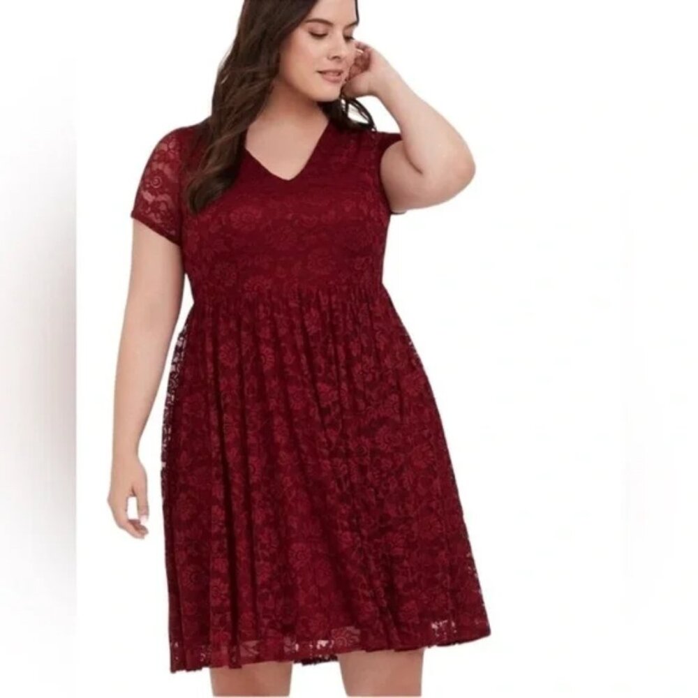 Torrid Burgundy Red Lace Skater Fit & Flare Open Back Cocktail Dress
